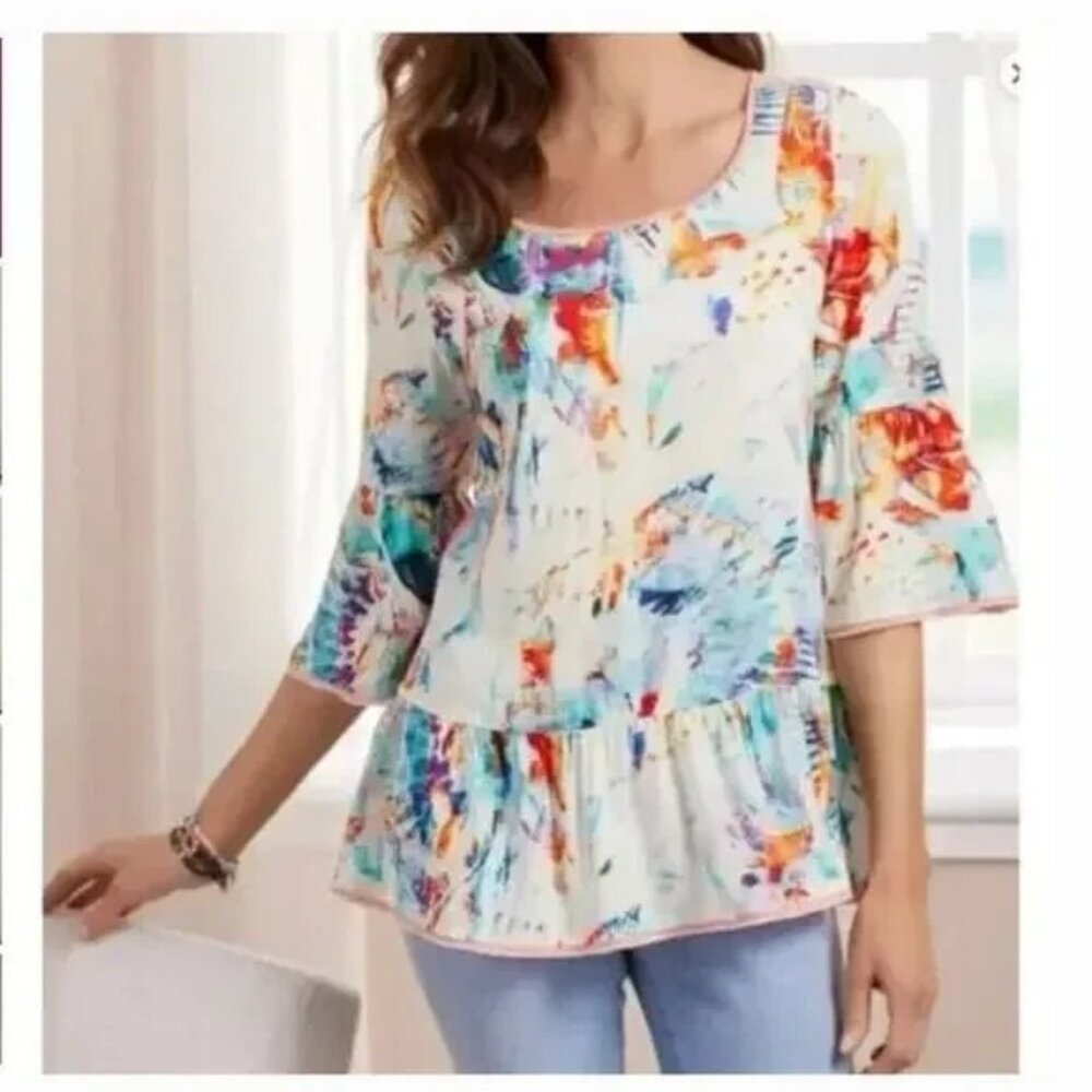 Soft Surroundings Yvette Peplum Top Large Abstract Artsy Bell Sleeve Blouse Sz M